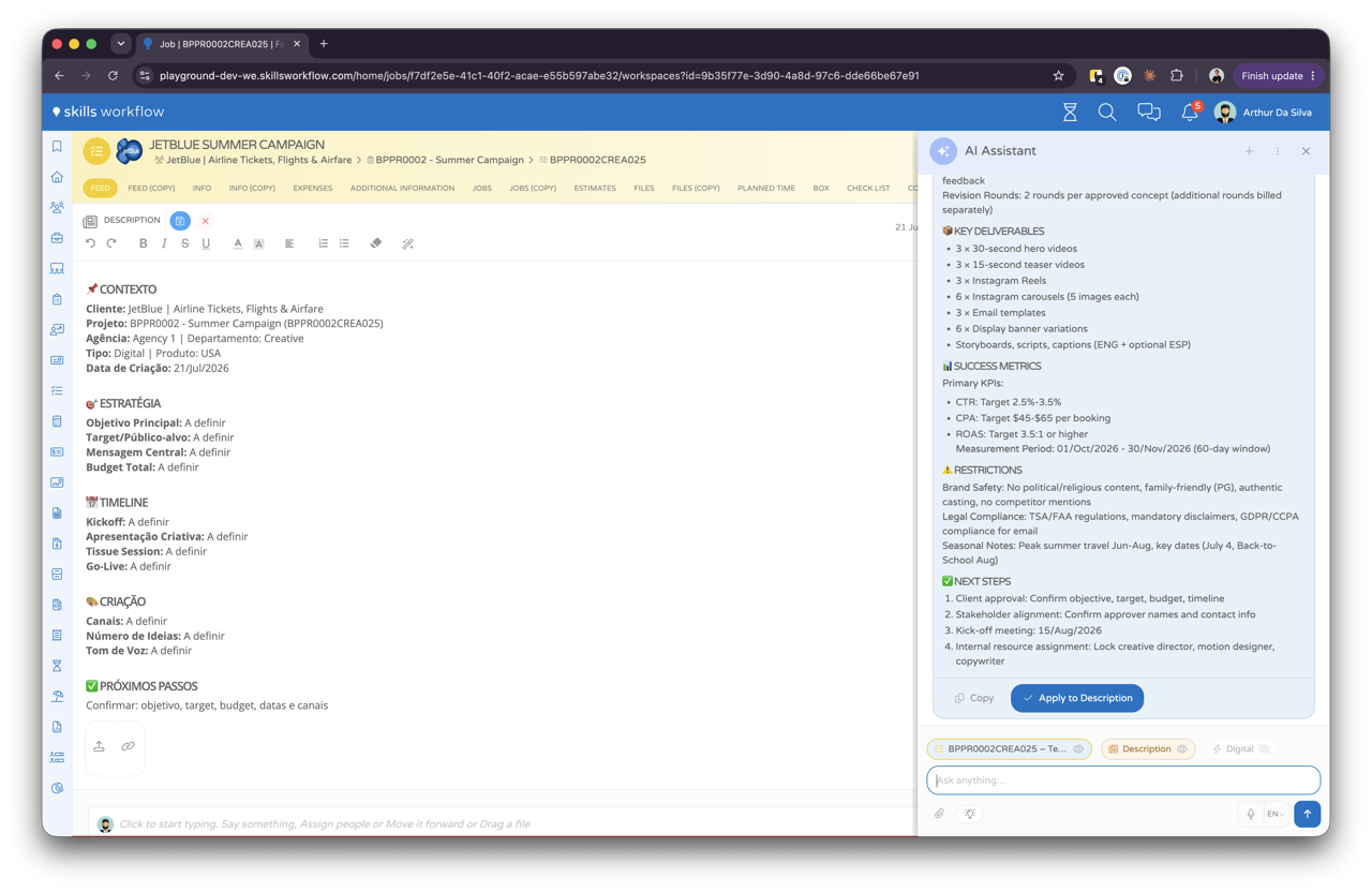 The Skills Workflow AI Assistant panel open beside a job, showing a generated brief with key deliverables, success metrics and next steps, and an Apply to Description button.